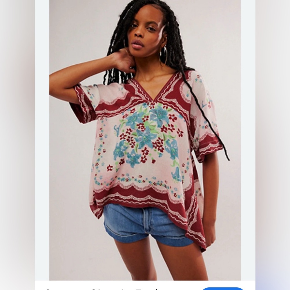 Free People Floral Embroidered Top in Red and Blue